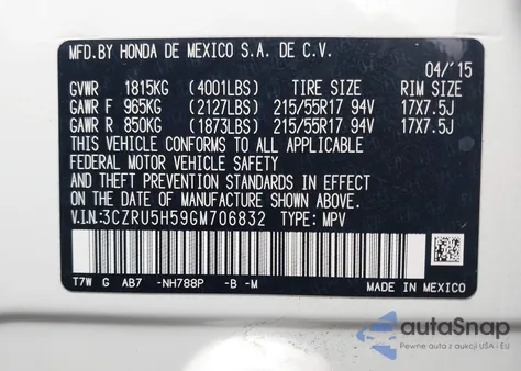 2016 Honda Hr-V Ex z USA, uszkodzony, nr VIN 3CZRU5H59GM706832